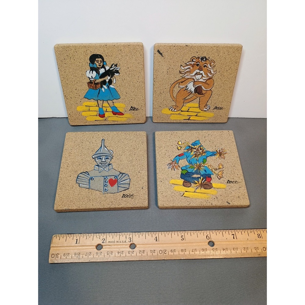 Wizard of Oz Hand Painted Stone‎ Coaster Set Dorothy Tin Man Scarecrow Lion 4pc